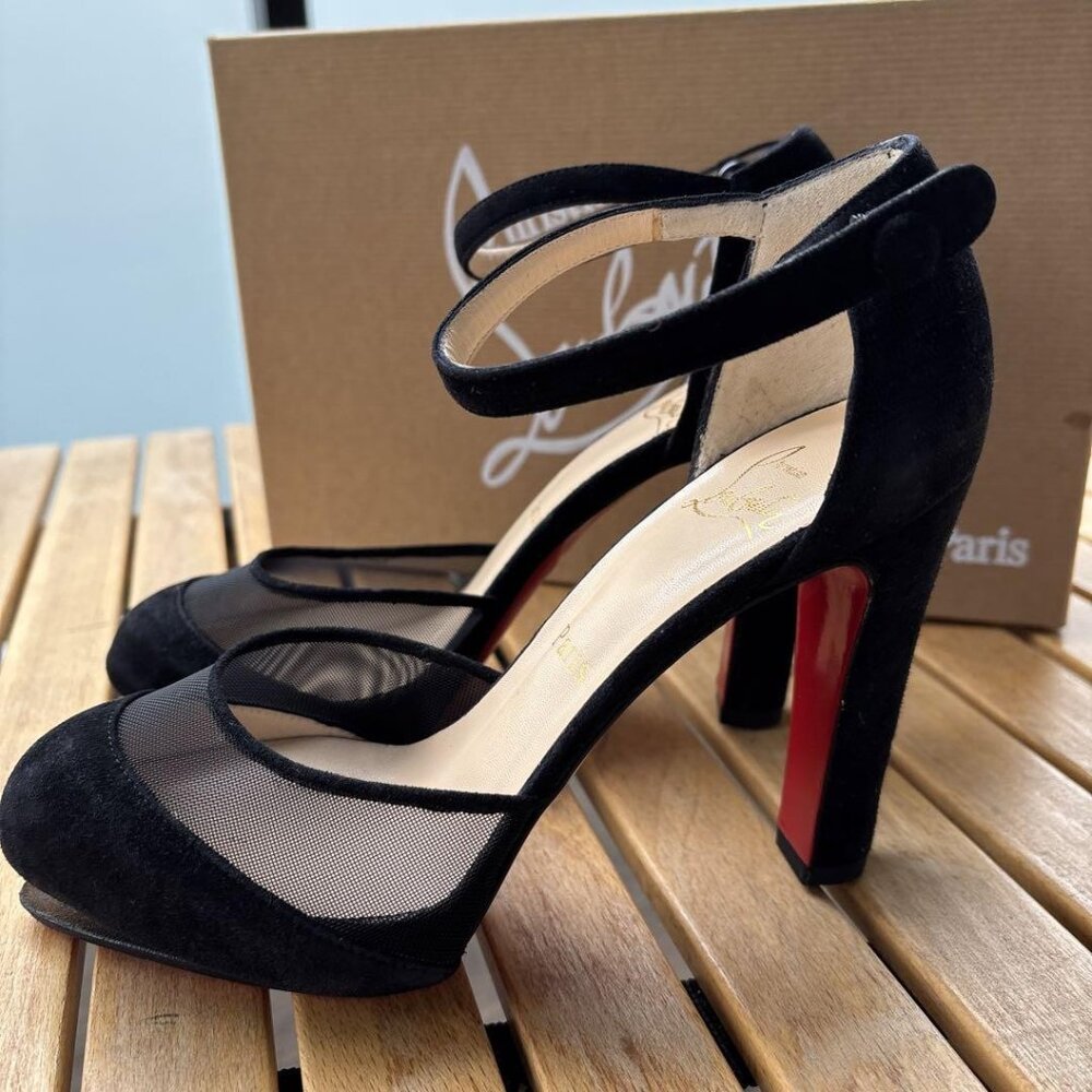 Christian Louboutin Suede Mesh Open-Toe Pumps - Picture 5 of 11